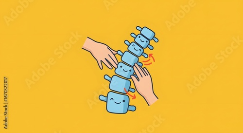 Cartoon Spine with Smiling Vertebrae Receiving Gentle Massage on Gold Background