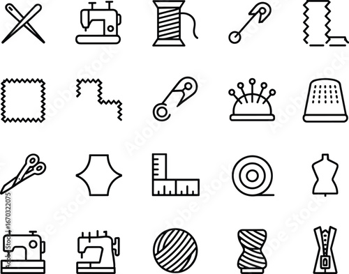 sewing, tailoring, textile, garment making, craft, tool, icon set, vector, outline, equipment, accessories, fabric, stitch, needlework, pattern, design, illustration, dressmaking