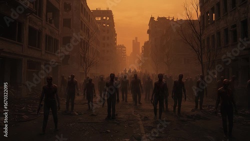 A haunting post-apocalyptic landscape filled with shadowy humanoid figures walking through abandoned city ruins under a dim orange sky, illustrating a world lost to time and decay.