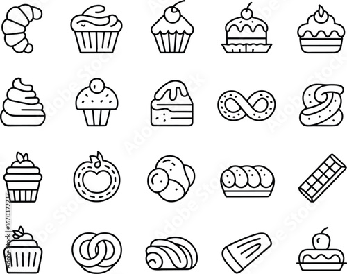 Baked goods dessert line icons set, croissant cupcake cake pretzel muffin chocolate pastry sweet treat bakery confectionery, minimalist black outline vector food symbols