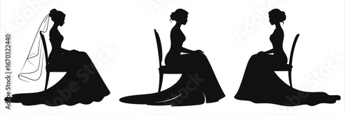 Elegant seated bride silhouette vector set – three graceful wedding gown poses on chair with flowing train and veil, stylish black & white isolated illustration 