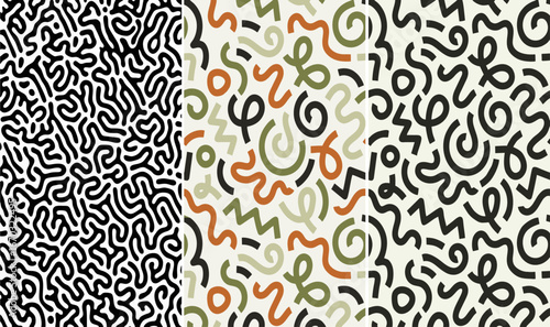 Set of abstract black and white doodle art patterns with tribal, surreal, and geometric elements. Hand-drawn style with expressive lines and faces, ideal for backgrounds, textiles, posters