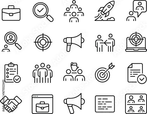 Business teamwork communication productivity icon set, black and white line vector, briefcase, target, handshake, rocket launch, laptop, checklist, megaphone, document