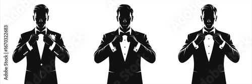Groom silhouette vector set – three stylish tuxedo men adjusting bow tie, black and white isolated wedding fashion illustration collection for invitations, logos, decor, printable clip art
