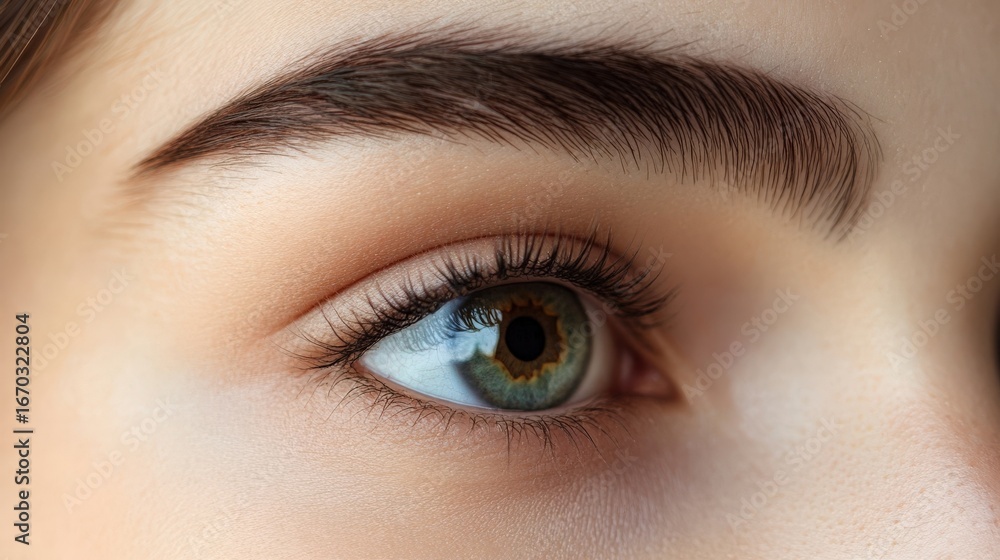 Obraz premium Close-up of a woman's eyes with well-defined eyebrows, full lashes, and smooth skin, highlighting meticulous grooming. Concept of beauty, eyebrow shaping kit, grooming and natural brow look.