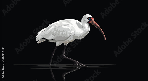 A white ibis with a long, curved beak stands in shallow water against a black background.