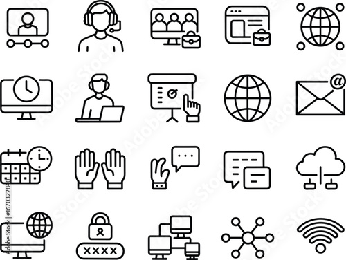 Technology communication and networking icon set, black and white line vector, secure messaging, video call, cloud computing, global connectivity, internet, cybersecurity