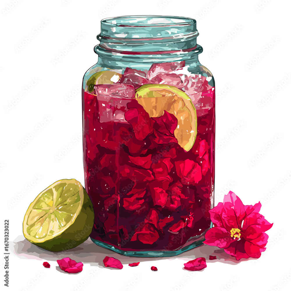 Refreshing Hibiscus Agua Fresca with Lime in Jar