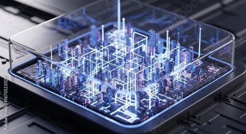 Abstract Cybernetic Cityscape Inside Glass Cube on Circuit Board