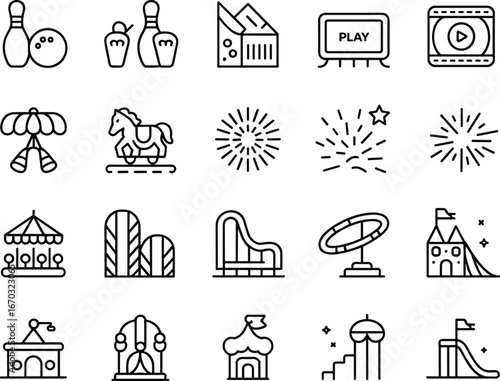 Amusement park and carnival icon set, black and white line vector, rides, games, fireworks, entertainment symbols, arcade, ferris wheel, carousel, playground