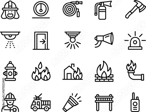 Firefighting and fire safety icon set, firefighter helmet, tools, equipment, fire truck, extinguisher, hydrant, alarm, emergency symbols, minimal line style vector illustration