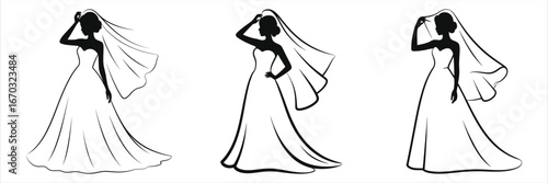 (Bride adjusting veil)Bride silhouette and outline vector set. Elegant woman in wedding dress touching her veil. Isolated graphic collection for marriage invitation or bridal design.