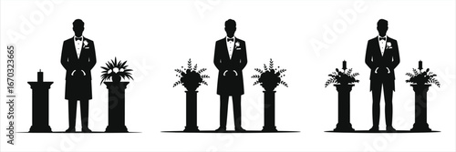 Elegant groom silhouette vector set – three stylish grooms in tuxedo awaiting wedding ceremony between floral aisle columns, black and white isolated design for invitations, logos, decor, prints