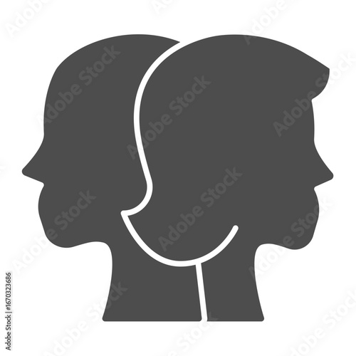 Two heads with faces solid icon, family therapy concept. Vector graphics. Bickering of man and woman, mental health sign on white background, glyph style icon for mobile or web design.