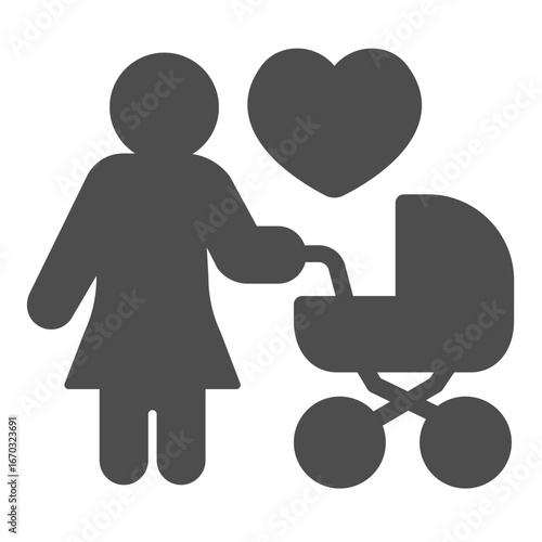 Mother with stroller and heart shape solid icon, childhood concept. Vector graphics. Woman with baby pram, care sign on white background, glyph style icon for mobile or web design.