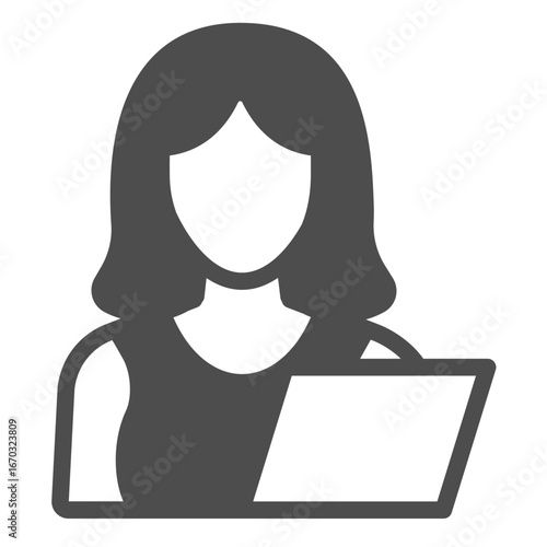 Woman and test sheet paper solid icon, family therapy concept. Vector graphics. Young woman and notebook, profile sign on white background, glyph style icon for mobile or web design.