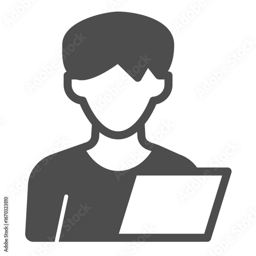 Man and test sheet paper solid icon, family therapy concept. Vector graphics. Young man and notebook, profile sign on white background, glyph style icon for mobile or web design.