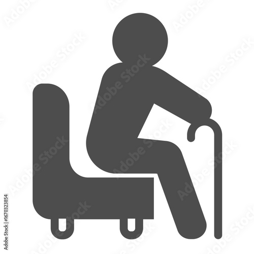 Grandfather seat on chair solid icon, family therapy concept. Vector graphics. Pensioner, man with walking cane, elderly sign on white background, glyph style icon for mobile or web design.