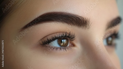 Close-up of a woman's eyes with well-defined eyebrows, full lashes, and smooth skin, highlighting meticulous grooming. Concept of beauty, eyebrow shaping kit, grooming and natural brow look.