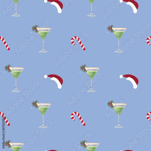 Christmas martini cocktail with candy cane seamless pattern on blue background