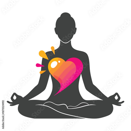 Yoga pose silhouette with heartshaped energy field near the chest