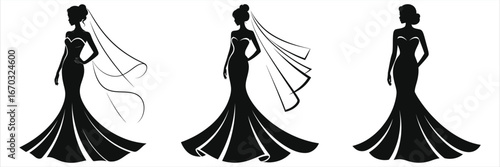 Elegant set of three bride silhouettes in mermaid wedding gowns with flowing veils, black and white vector illustration, minimalist romantic bridal fashion design for invitations, logos, cards, decor.