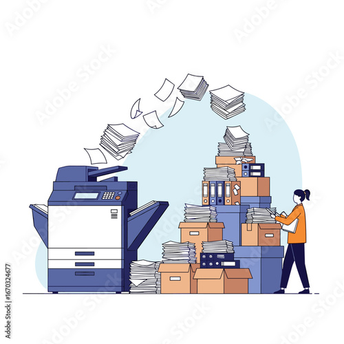 Overwhelmed office worker facing paperwork overload with copier and overflowing boxes of documents