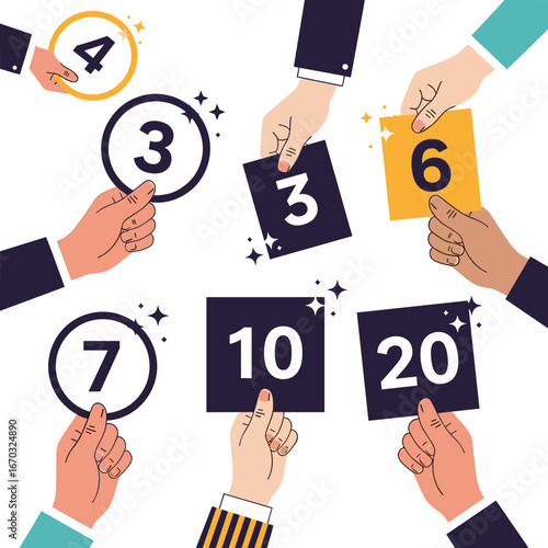 Crowd evaluating performance scores with diverse hands holding numbered cards up for fair unbiased review