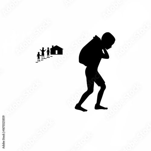 Silhouette of a boy carrying a heavy sack towards school isolated on white background