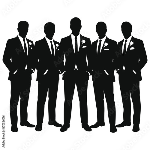 Groomsmen silhouette group, wedding party men in suits vector illustration, elegant black and white clipart, formal attire, bachelor celebration, friendship, stylish male fashion, isolated design art