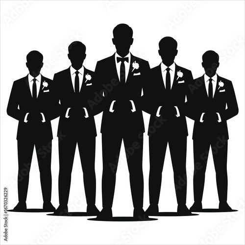 Groomsmen silhouette group, wedding party men in suits vector illustration, elegant black and white clipart, formal attire, friendship, celebration, bachelor event, isolated design, stylish art