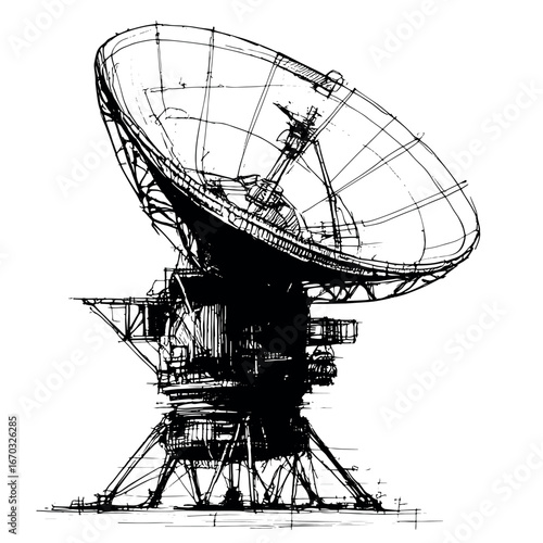 Large radio telescope exploring the universe, searching for signals. Hand-drawn sketch of a large radio telescope, used for astronomical research and searching for extraterrestrial signals