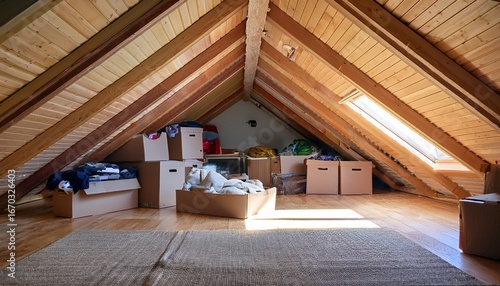 cluttered attic filled with cardboard boxes plastic bins and various stored items under sloped wooden ceiling with overhead lighting