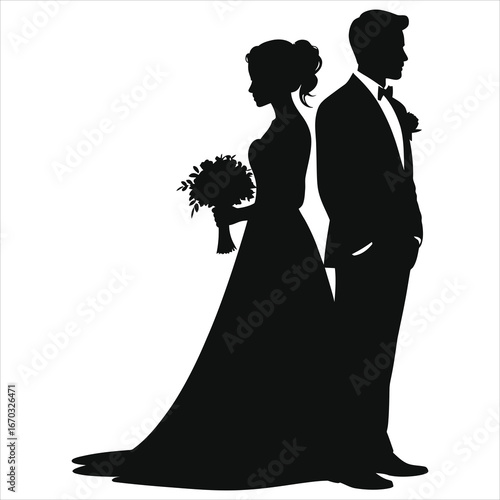 Elegant bride and groom silhouette in classic wedding attire standing back to back, romantic black vector illustration on white background for wedding invitations, greeting cards, posters, planners