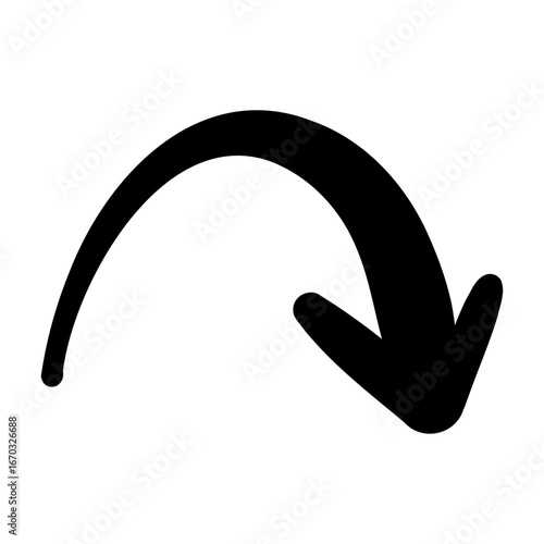手描きのスムーズな黒いペンの矢印。抑揚のあるダイナミックなシルエット。ベクター。背景透過。急カーブ。山なり。