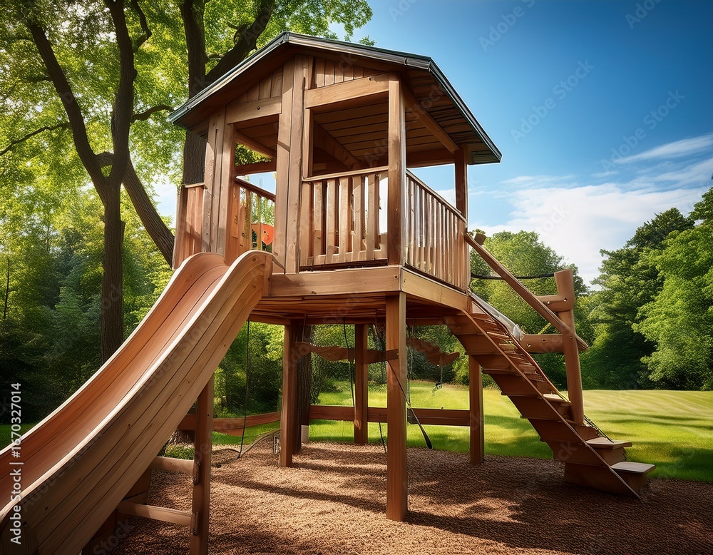 wooden treehouse playhouse with a ladder and slide for elevated backyard fun wooden treehouse playhouse with a ladder and slide for elevated backyard fun