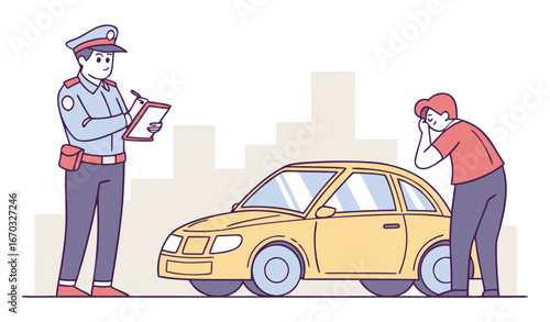 mini Police officer writing ticket to mini sad driver. mini Male characters standing near car on city road flat vector illustration. Violation, penalty concept for banner, website design or landing we