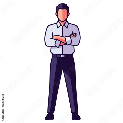 A stylized man with folded arms wearing a shirt and pants