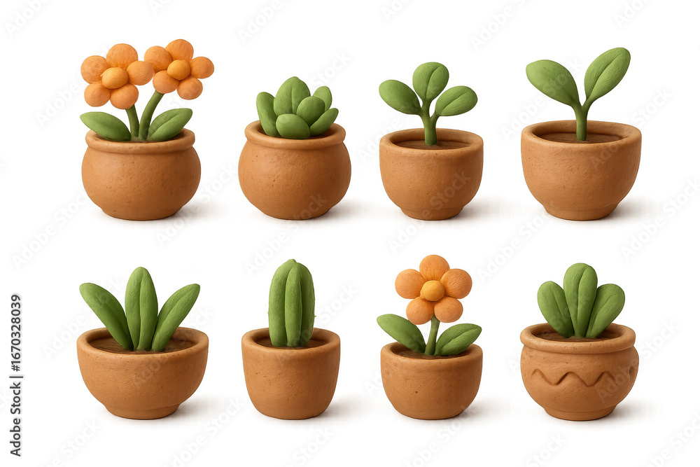 Fototapeta premium Clay look plant pots with flowers and succulents in a playful 3d style