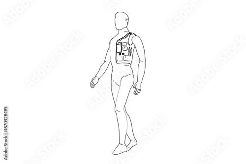 Wallpaper Mural Wireframe, Depiction, Technical Drawing, Simple Line Art, Outline Illustration, Monochrome of a walking male figure wearing a chest pack. Ideal for design, engineering, or conceptual visuals. Torontodigital.ca