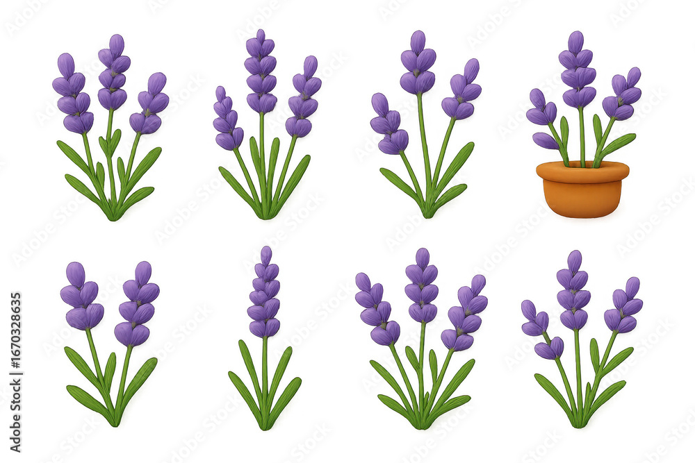 Naklejka premium Lavender set with potted plant in detailed 3d realistic style for botanical designs