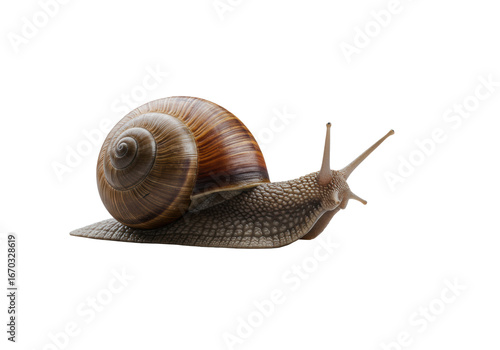Photorealistic garden snail, intricate shell, extended antennae, on light grey minimalist surface with slime trail, soft studio lighting. Concept of steady progress.