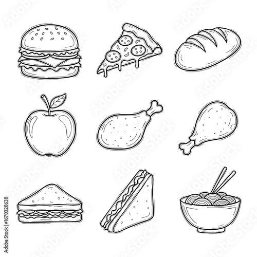 Blackandwhite drawing of 9 food items including pizza burgers bread chicken noodles apples and sandwiches