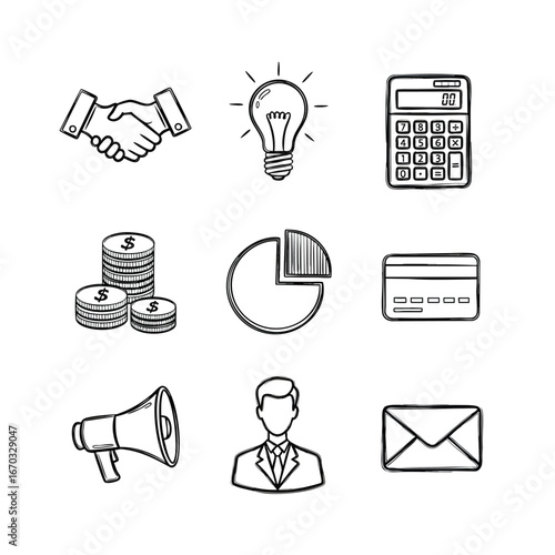 Business doodles include handshake lightbulb calculator coins graph card megaphone person and envelope