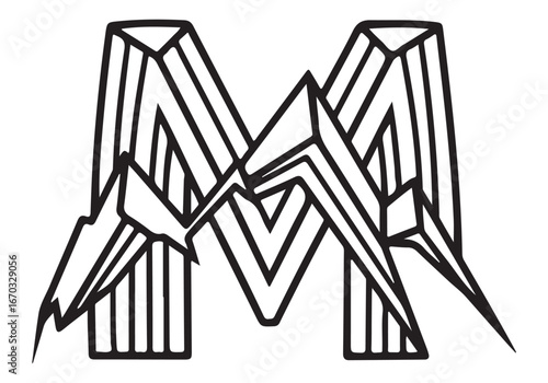 Striking geometric 'M' illustration with shattered design on white, a bold and modern graphic element