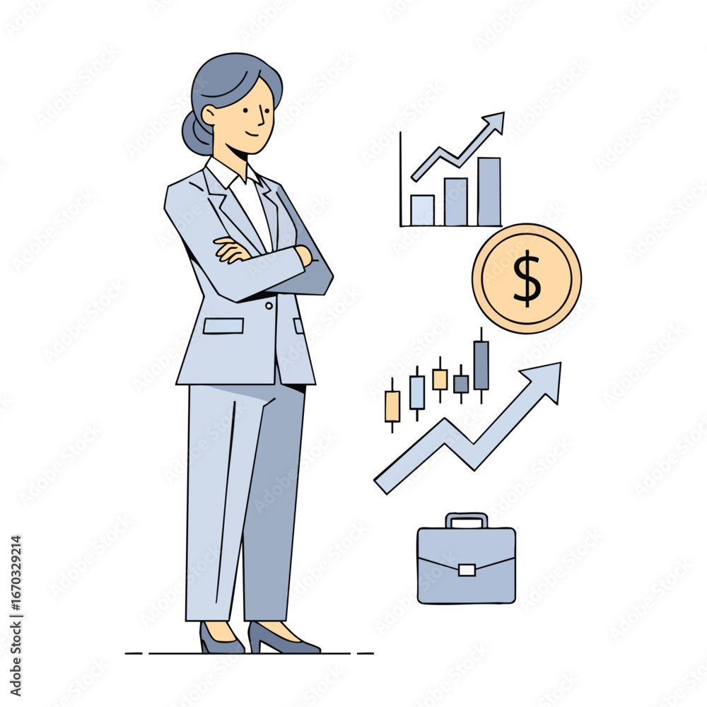 Fototapeta premium Businesswoman stands near growth charts coin briefcase showcasing financial success