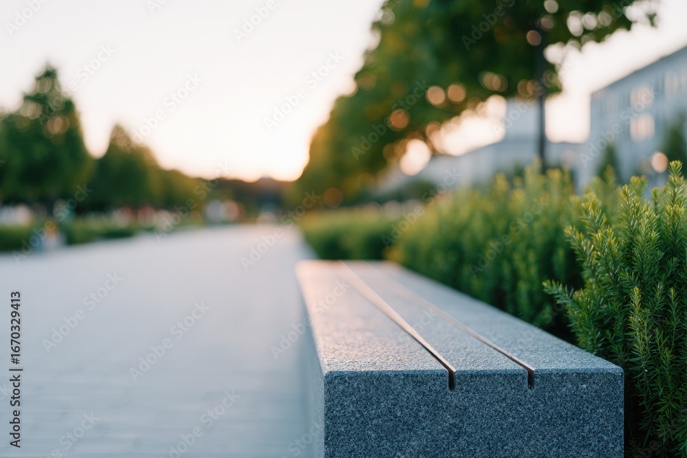 Modern bench contrasts nature in serene urban park, inviting rel