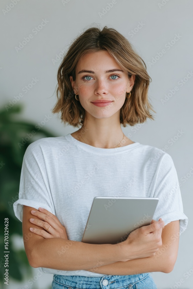 Fototapeta premium Confident young woman holding tablet, standing against soft back
