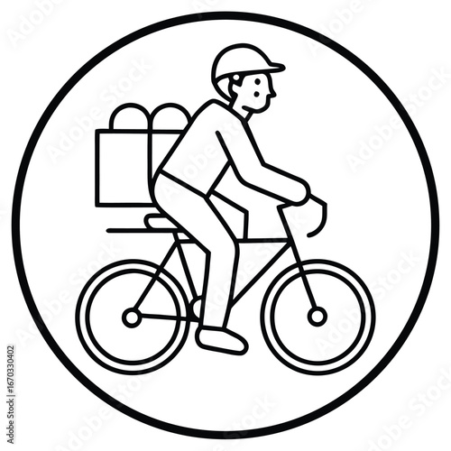 Vector art of delivery person riding a bicycle with a large package on their back, representing courier services and fast local delivery