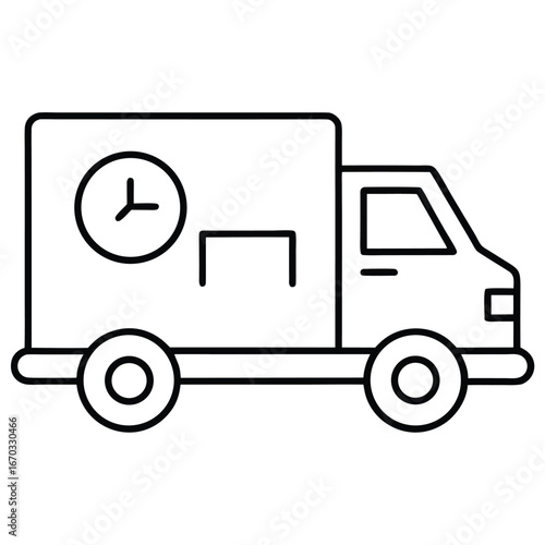 Vector art of outline illustration of a delivery truck with a clock symbol on its side, indicating timely delivery and express shipping services